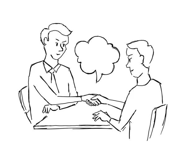 Skizzieren Vertrag Handschlag Menschen am Tisch Vereinbarung Deal. Zwei Geschäftsleute am Arbeitstisch stimmten zu. handgezeichnete Vektor-Illustration. — Stockvektor