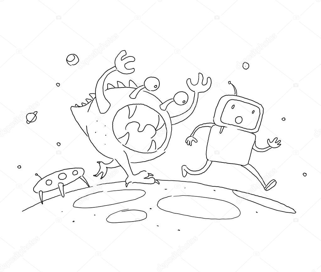 Sketch robot male character, an astronaut escapes runs from a monster on another planet. 404 error not page. Hand drawn black line vector illustration