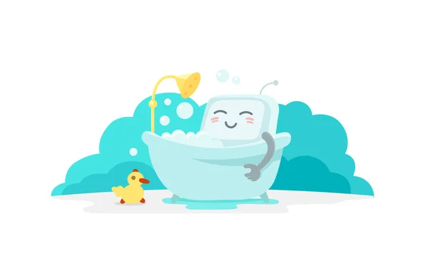Emoji αυτοκόλλητο ρομπότ είναι να bathin στο μπάνιο. Πολύ χαριτωμένη εικόνα ανάπαυσης, σαμπουάν αφρού απολέπιση. Διάλειμμα για ξεκούραση. Εικονογράφηση διάνυσμα επίπεδη χρώμα — Διανυσματικό Αρχείο