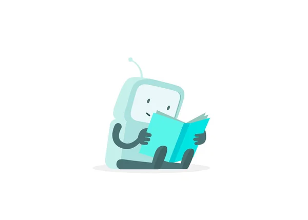 O robô senta-se lendo livro. Instruções guia do usuário. Página de erro não encontrada. Ilustração vetorial de cor plana — Vetor de Stock