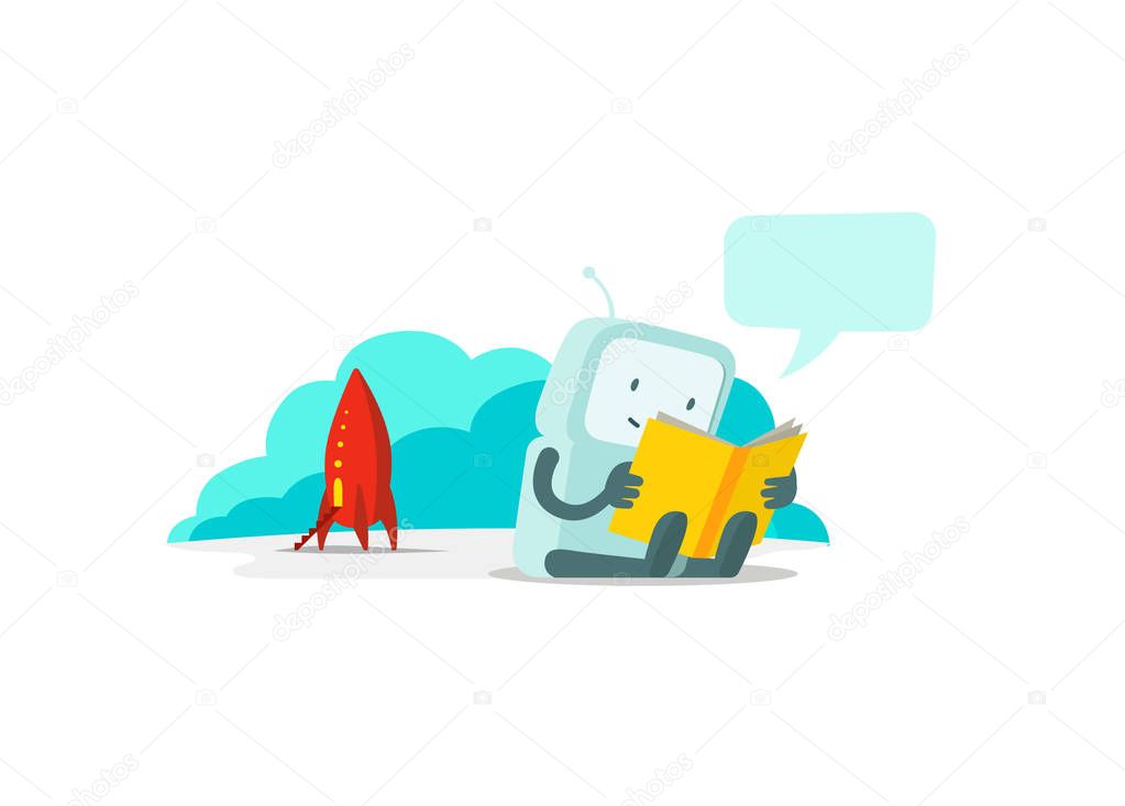 The robot has arrived on rocket and sits reading book. Instructions user guide. Error page not found. Flat color vector illustration