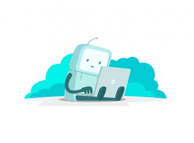 The robot astronaut man sits with laptop. Search on the Internet. Internet surfing. Error page not found. Flat color vector illustration clipart