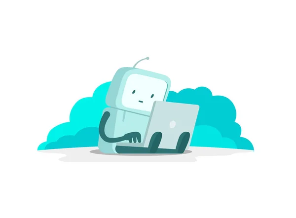 De robot astronaut man zit met laptop. Zoeken op het Internet. Surfen op het internet. Foutmelding pagina niet gevonden. Egale kleur vectorillustratie — Stockvector