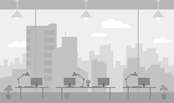 Bureau lieu de travail couleur grise arrière-plan grande fenêtre avec vue splendide gratte-ciel ville. Illustration vectorielle couleur plate — Image vectorielle