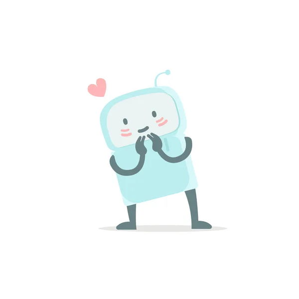 Robot leksak älskar dig och blyg. Söt liten nya emoji klistermärke ikonen. Mycket söt barn kid bild med hjärtat. Du är vacker. Platt färg vektorillustration — Stock vektor