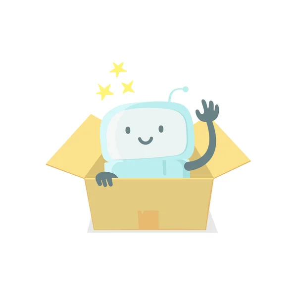 Mainan robot di dalam kotak. Ikon stiker emoji baru yang lucu. Sangat lucu untuk anak-anak kotak kejutan. Kau adalah emosi yang indah. Ilustrasi vektor warna rata - Stok Vektor