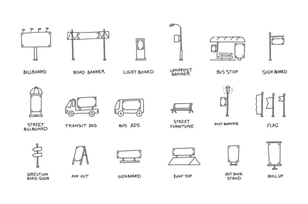 Ensemble d'icônes de médias extérieurs. Différents types de publicité dans la rue. Tracé à la main vecteur ligne noire contour . — Image vectorielle