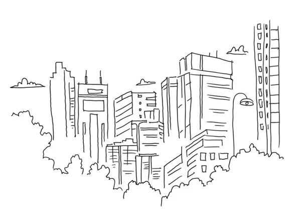 Skica města. Stavební architektura krajina panorama. Pohled z okna. Obyčejné město. Černé čáry ručně kreslené. — Stockový vektor