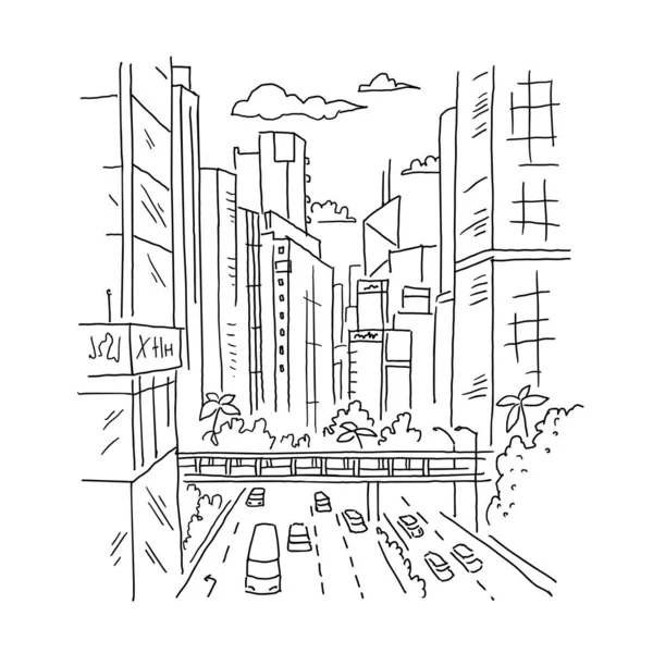 Şehir çizimi. Mimari peyzaj manzarası inşa etmek. Sokak, yol gökdelenleri manzarası. Otoyol, ulaşım. El çizimi siyah çizgi. — Stok Vektör