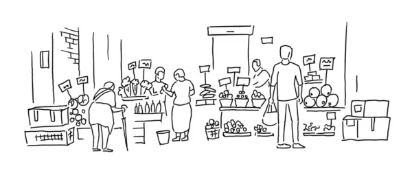 Sokak pazarı. Sebze ve meyve dükkanı. İnsanlar sokaktan yiyecek alıyor. El çizimi siyah çizgi çizgisi. — Stok Vektör