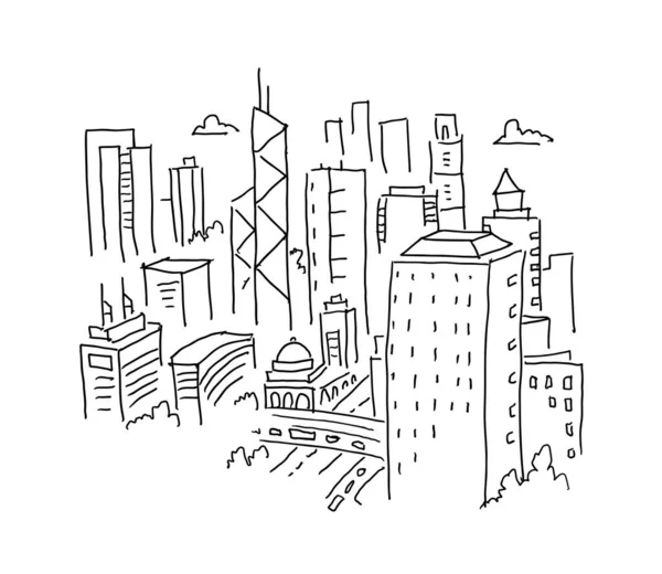 Şehir panoraması skeci. Gökdelenler inşa etmek mimari manzarası. Büyük şehir manzarası. El çizimi siyah çizgi. — Stok Vektör