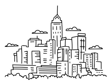 Şehir panoraması basit bir eskiz. Gökdelenler inşa etmek mimari manzarası. Büyük şehir manzarası. El çizimi keçeli kalem ucu siyah çizgi.