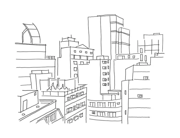 街のパノラマスケッチ。建築風景を構築します。窓からの眺め。普通の街だ手描き黒線. — ストックベクタ