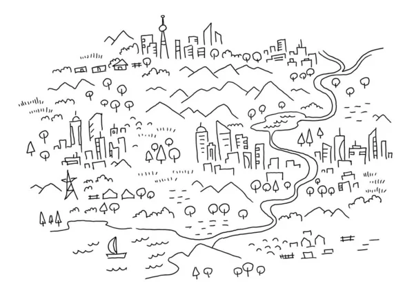 Drawn map of the area. Cartoon city, mountain river and village. Forest hills and sea. Hand drawn vector black line outline. — Stock Vector