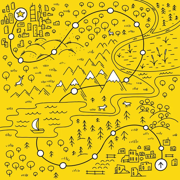 Mapa de la zona. Ciudad de dibujos animados, montañas río y pueblo. Colinas del bosque y mar. Dibujo dibujado a mano vector amarillo y negro contorno contorno de la línea . — Vector de stock