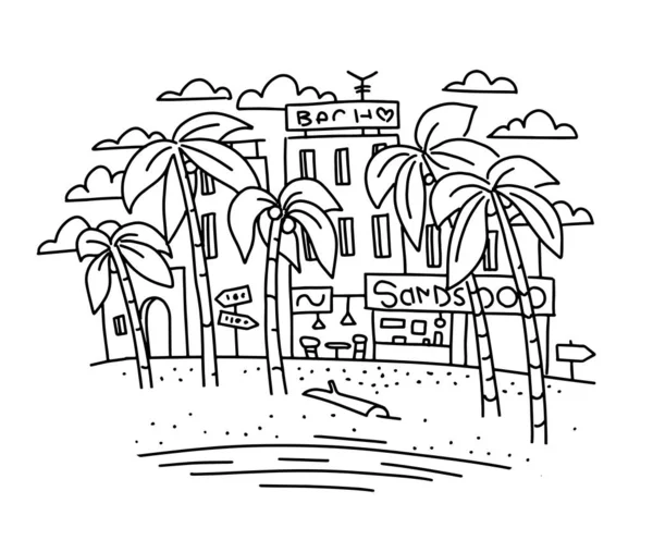 Sahildeki evlerin arka planında palmiye ağaçları. Rıhtım kıyısı. El çizimi çizimi vektör ve siyah çizgi. — Stok Vektör
