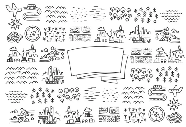 Mapa terenu ustawić tło. Notatki podróżnych. Obszar geograficzny. Okładka rocznika. Odbiór. Ręcznie rysowany wektor czarny kontur linii. — Wektor stockowy