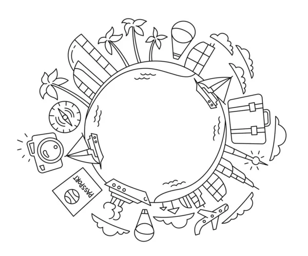 Cirkel reist rond de aarde. Rust, vakantie. Begrepen, ruimte. Schets de contour van de vectorlijn. Plaats voor tekst. Vector zwarte lijnomtrek. — Stockvector