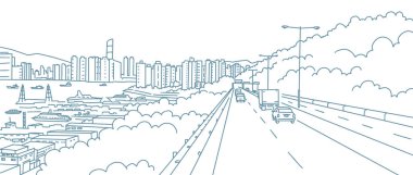 Şehre giden yol. Otoyol manzarası. Nehir kıyısı boyunca. Ufukta gökdelenler var. El çizimi çizimi vektör çizgisi çevresi.