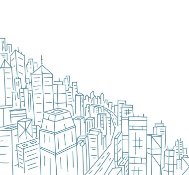 Şehir çizgisi çizimi. Uzayı kopyala Gökdelenlerin vektör çizgisi. Mesaj için yer. Çapraz yarım kağıt. El çizimi vektör.