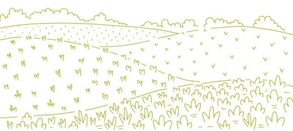 Сільський ландшафт поля. Вирощування овочів сільськогосподарських садових рядів. Сільське господарство. Сільський пейзаж. Малюнок лінії векторного ескізу . — стоковий вектор