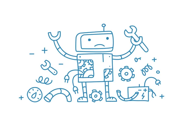 Az oldal nem talált hibát 404. Robot javítás. Halálos törés. Kézzel rajzolt vázlatvektor vonalvonala. — Stock Vector