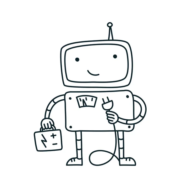 Robot electrician, electricity. Battery. Robot fix repair. Page not found error 404. Hand drawn sketch vector line contour.