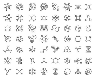 Molekül veya formül simgesi seti. Kimyasal yapı. Laboratuvar bilimsel araştırması. Dış hat çizgisi vektörü.