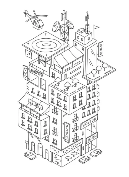 Croquis d'impression fantaisie de bâtiment de dessin animé à plusieurs niveaux. Maison à étages extérieur. Ligne dessinée à la main. Dessin à main levée. Ligne noire vecteur plat . — Image vectorielle