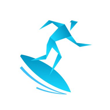 Sörf okulu. Sörf tahtasındaki adam. Origami tarzı. Dalgaya yakalandım. Simge ya da logo. Düz vektör.