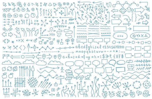 Arrows set. Hand draw background pattern. Communications collection. Blue sketch vector line outline contour. — 스톡 벡터