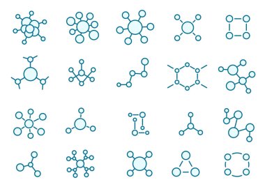 Molekül yapısı simgesi ayarlandı. Kimyasal biyoteknoloji hakkında. Laboratuvar araştırması. Mavi çizgi vektörü.