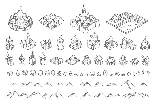 中世都市地図キット。建物群。中世のファンタジースケッチ。山と木。ボードゲームのための選択。手描きベクトルブラックライン. — ストックベクタ