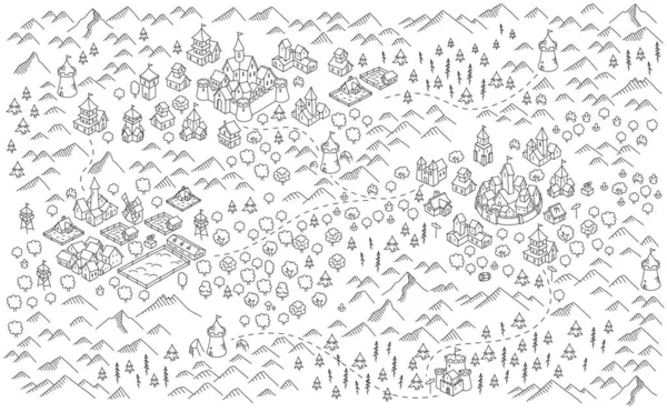 Ciudad medieval, zona de fantasía mapa bosquejo. Río de montaña y edificios del pueblo. Mapa de Edad Media para el juego de mesa. Vector dibujado a mano línea negra . — Vector de stock