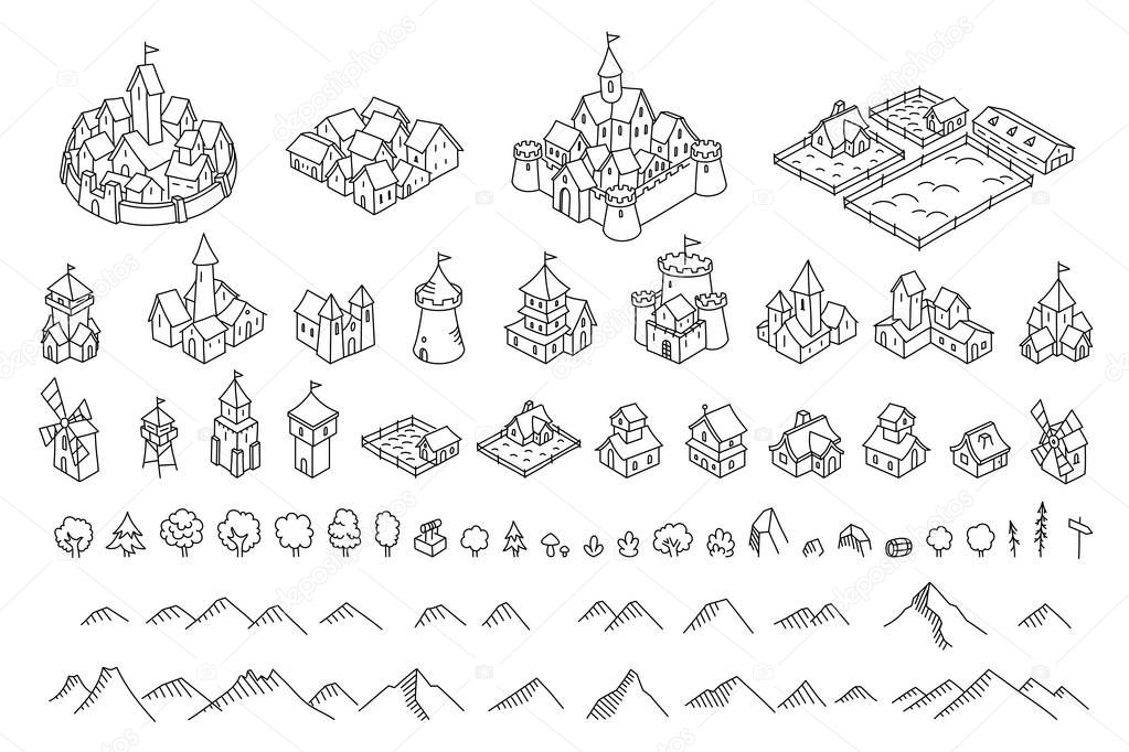 Middle Ages city map kit. Buildings set. Medieval fantasy sketch. Mountains and trees. Selection for board game. Hand drawn vector black line.
