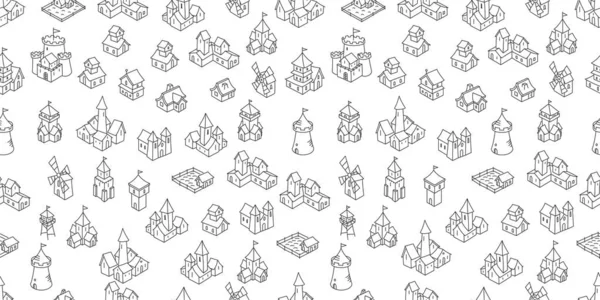 Medieval buildings seamless pattern background. Middle Ages fantasy fortress, house and castle sketch. Hand drawn vector black line icon set. — 스톡 벡터