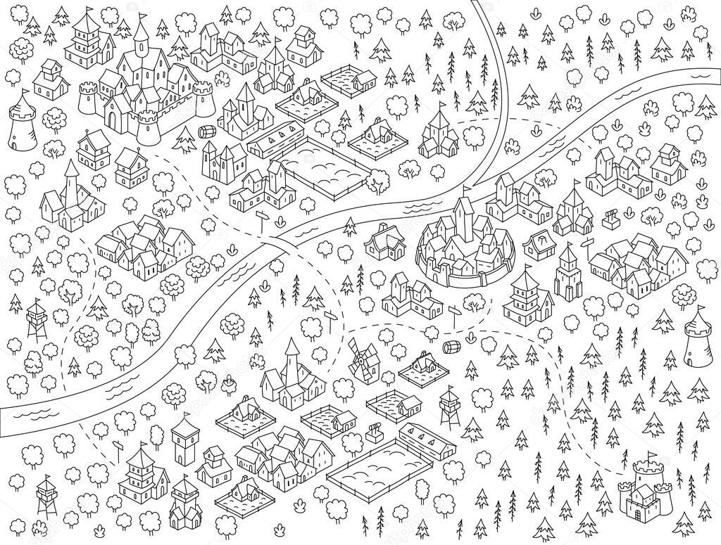 Medieval city, fantasy area map sketch kit. Mountain river and village. Map for board game. Hand drawn vector black line.