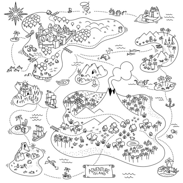 Mapa da ilha de aventura. Jogo de mesa. Kit de jogos de área de fantasia. Piratas, monstros marinhos, montanhas e cidade medieval. Desenhos animados mão desenhada esboço vetor linha preta . —  Vetores de Stock