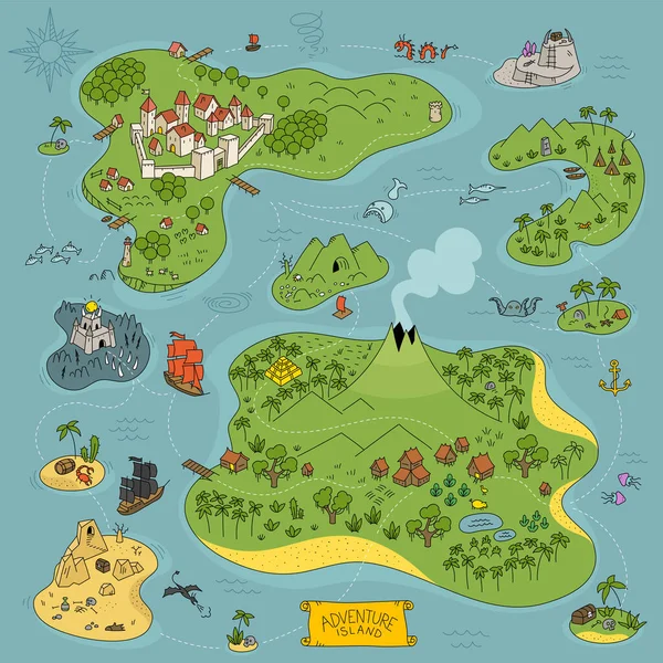 Board game kit. Adventure island map. Fantasy area. Pirates, sea monsters, mountains and city. Cartoon colored hand drawn vector. — Stock Vector