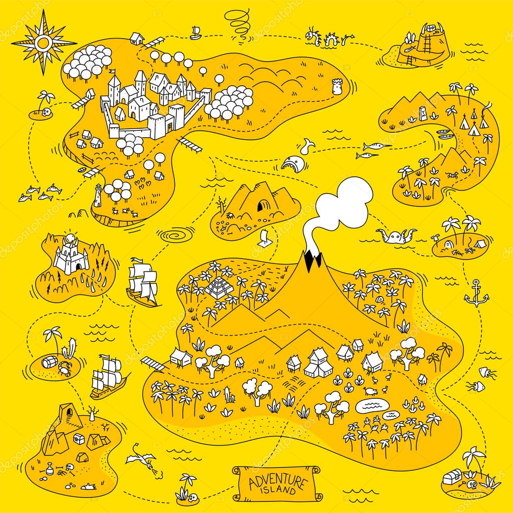 Adventure Island Map Board Game Fantasy Area Game Pirates Sea Monsters Mountains And Medieval City Cartoon Hand Drawn Vector Yellow White And Black Line Premium Vector In Adobe Illustrator Ai