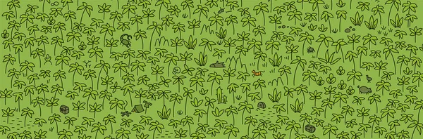 Фоновый рисунок пальмовых деревьев. Найти сокровища в лесу. Вектор нарисован вручную. По всему отпечатку. Баннер. Зеленый цвет . — стоковый вектор