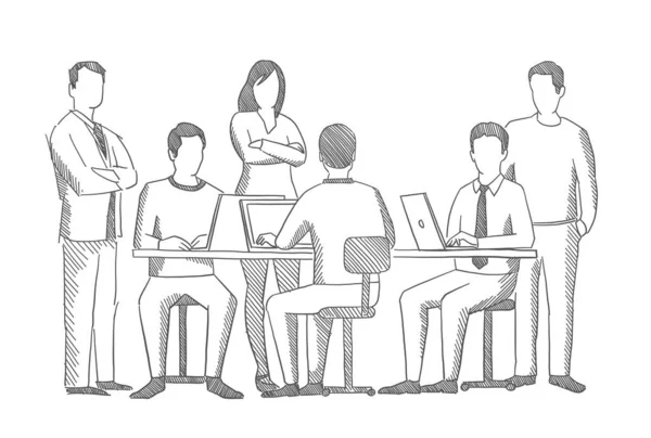 Business team. Office people sketch. Company group. Brainstorm. Process of working at the table. Hatched drawing picture. Gray pencil. Hand drawn vector. — Wektor stockowy