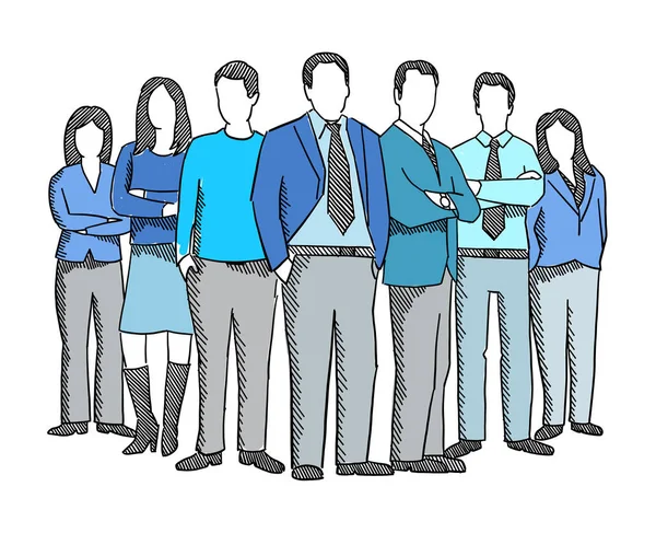 Business teamwork people sketch. Company business group office clerks. Staff and manager. Hand drawn. Hatched drawing picture. Blue suit. Vector. — Stockový vektor