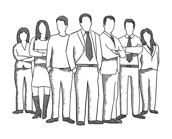 Business team people sketch. Company business group office clerks. Staff and manager. Leader and boss. Hatched drawing picture. Hand drawn vector. — Stok Vektör