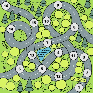 Road map for a children game on the table. Board game. Wallpaper for childrens room. Kids background. Gaming childish car. Cartoon vector.