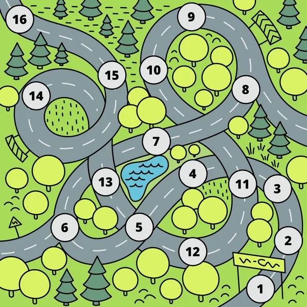 Road map for a children game on the table. Board game. Wallpaper for childrens room. Kids background. Gaming childish car. Cartoon vector. — Διανυσματικό Αρχείο