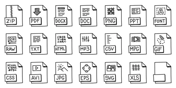 Icone per i formati di file e documenti più diffusi. Schizzo dell'etichetta del file. Vettore disegnato a mano del fumetto linea di contorno bianca e nera . — Vettoriale Stock