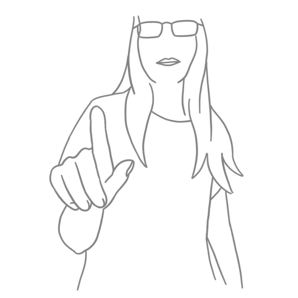 Het meisje drukt op een virtuele knop. Hand en vinger. Vrouw met haar wijsvinger. Schets met de hand getrokken lijn. Vectorillustratie. — Stockvector