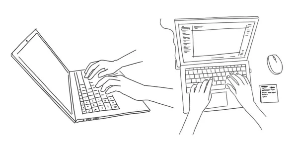 Hands and laptop. Keyboard typing. Side view. View from above. Work on laptop. Sketch hand drawn line. On white background. Vector. — Stock Vector