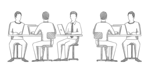 Business team. Men sit at a laptop. Front and back view. Office people sketch. Process of working at the table. Hatched drawing picture. Gray pencil. Hand drawn vector. — Stock Vector